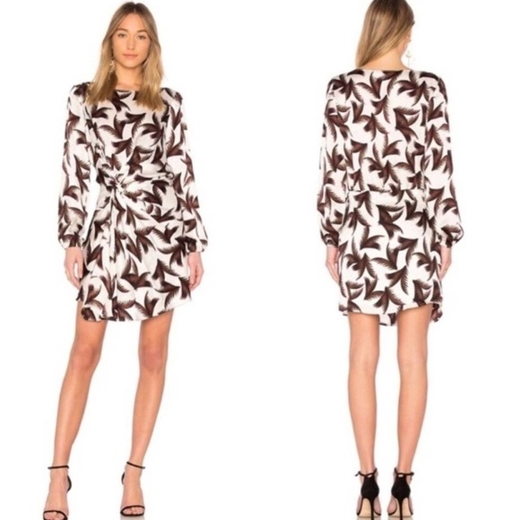 A.L.C. Freja Silk Palm Print Twist Knot Front Mini Dress in Eggshell Khaki Sz 4 - Picture 1 of 13
